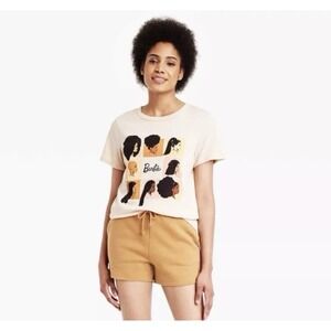 Barbie‎ T-Shirt Women's Tan Short Sleeve Squares Graphic Print Shirt Size Small
